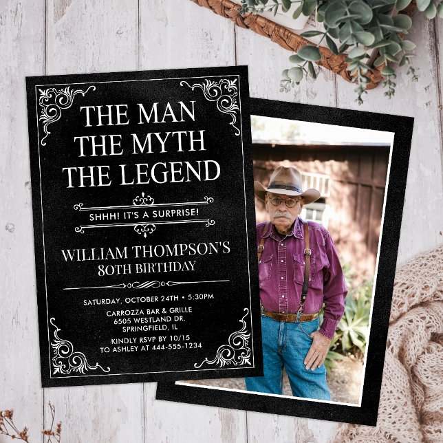 Man Myth Legend Black Surprise 80th Birthday Photo Invitation (Creator Uploaded)