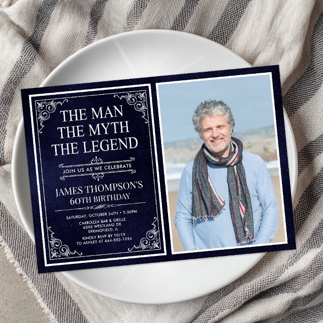 Man Myth Legend Blue 60th Birthday Photo Invitation (Creator Uploaded)