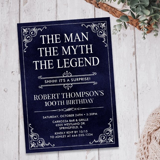 Man Myth Legend Blue Surprise 100th Birthday Invitation (Creator Uploaded)