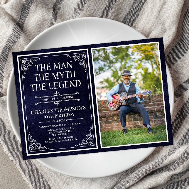 Man Myth Legend Blue Surprise 70th Birthday Photo Invitation (Creator Uploaded)