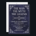 Man Myth Legend Blue Surprise 70th Birthday Photo Invitation<br><div class="desc">He IS The Man The Myth The LEGEND! His life has been an amazing adventure and it's time to celebrate his legacy and him. This textured navy blue paper with white type and white scrolled corner surprise 70th Birthday invitation with the guest of honour's photo on the back is perfect...</div>