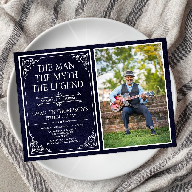 Man Myth Legend Blue Surprise 75th Birthday Photo Invitation (Creator Uploaded)