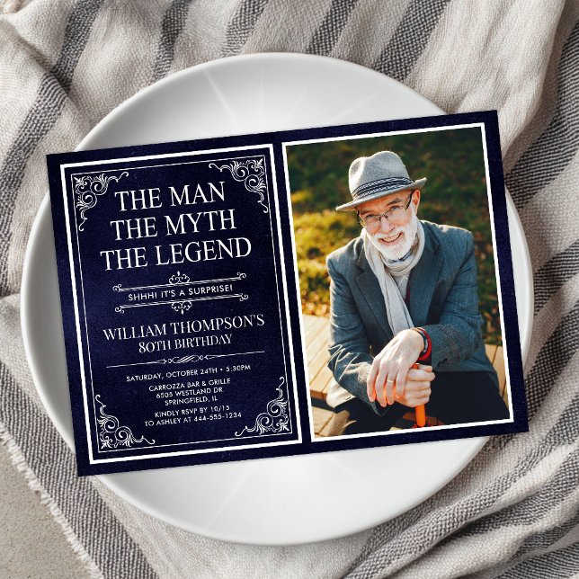 Man Myth Legend Blue Surprise 80th Birthday Photo Invitation (Creator Uploaded)