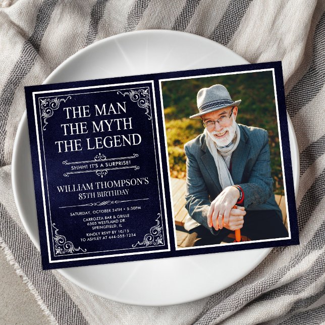 Man Myth Legend Blue Surprise 85th Birthday Photo Invitation (Creator Uploaded)