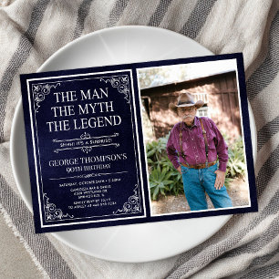 Man Myth Legend Blue Surprise 90th Birthday Photo Invitation