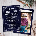 Man Myth Legend Blue Surprise 90th Birthday Photo Invitation<br><div class="desc">He IS The Man The Myth The LEGEND! His life has been an amazing adventure and it's time to celebrate his legacy and him. This textured navy blue paper with white type and white scrolled corner surprise 90th Birthday invitation with the guest of honour's photo on the back is perfect...</div>