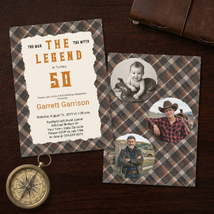 Man Myth Legend Copper Plaid 50th Birthday Photo Invitation