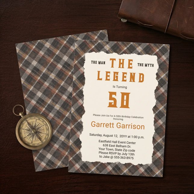 Man Myth Legend Modern Copper Plaid 50th Birthday Invitation (Creator Uploaded)