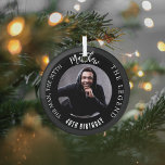 Man myth legend photo birthday glass tree decoration<br><div class="desc">A classic black background.   Text: The Man,  The Myth,  The Legend. Personalise and add his name,  age and photo.</div>