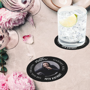 Man myth legend photo black white birthday party round paper coaster