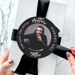 Man myth legend photo name classic round sticker<br><div class="desc">A classic black background.   Text: The Man,  The Myth,  The Legend. Personalise and add his name and photo.</div>