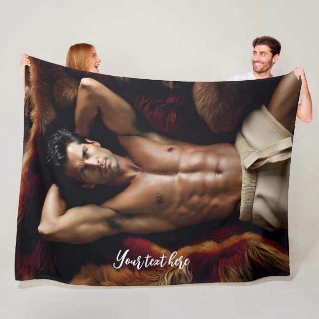 Man on a Bearskin Rug Fleece Blanket (In Situ)