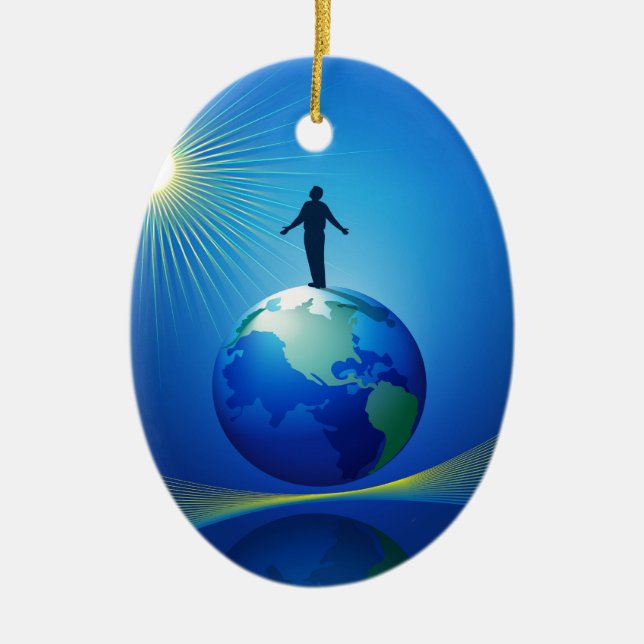 Man on Globe Ceramic Tree Decoration (Front)