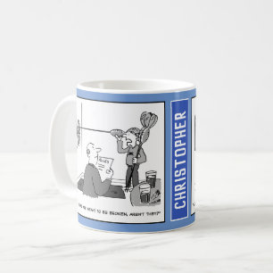 Man Playing Darts with Oversized Darts. Coffee Mug