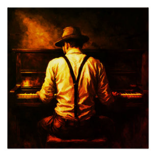 Man Playing Piano From Behind Impasto Oil Painting Poster