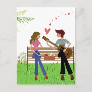 Man playing the guitar with a woman beside her postcard
