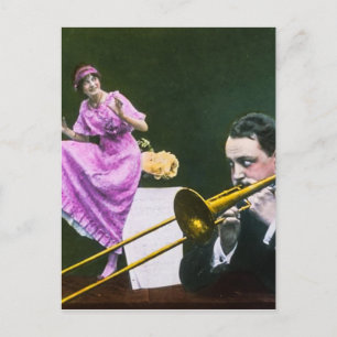 Man plays trombone Flapper dances on table Postcard