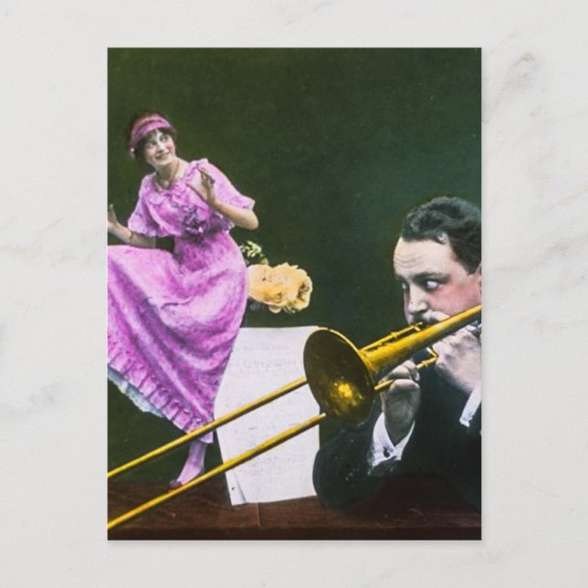 Man plays trombone Flapper  dances on table Postcard (Front)