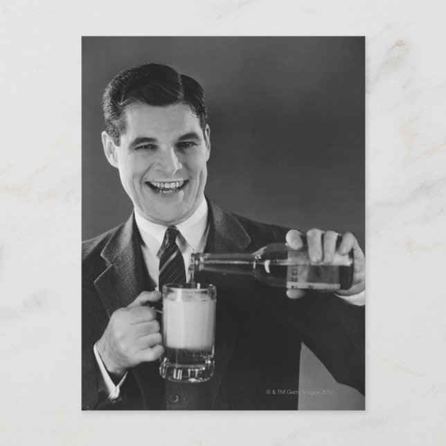 Man pouring beer from bottle to pitcher (B&W), Postcard (Front)