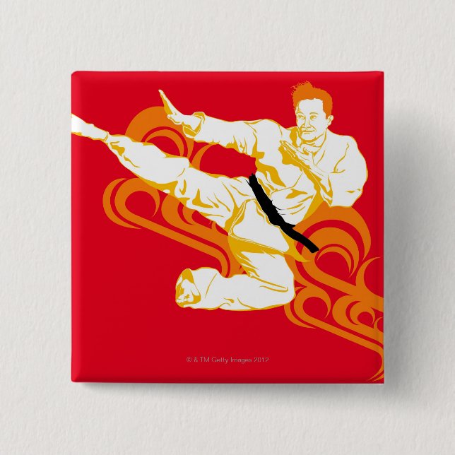 Man practicing martial arts, performing mid air 15 cm square badge (Front)