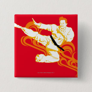 Man practicing martial arts, performing mid air 15 cm square badge