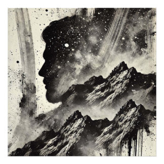 Man Profile with Mountain Landscape double exposur Photo Print