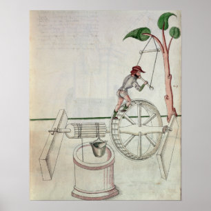 Man Putting into Motion a Wheel-Driven Well Poster