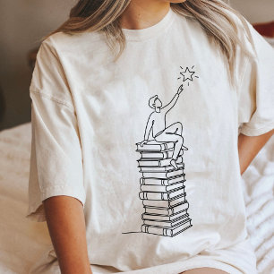 Man Reaching Star From Book Stack Line Art Tri-Blend Shirt