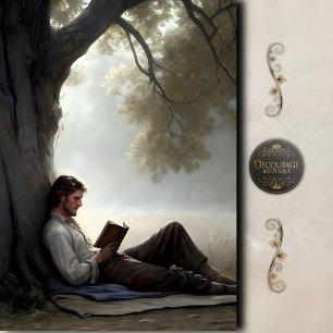 Man Reading Under Tree Scene Decoupage Tissue Paper