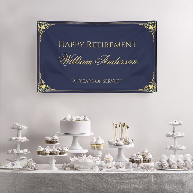 Man Retirement Party Navy Blue Gold Elegant Script Banner (Creator Uploaded)