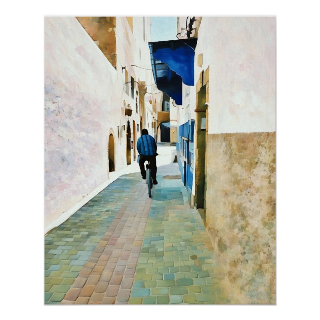 Man Riding Bicycle Through Mediterranean Alleyway Poster (Front)