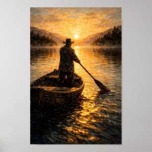 Man rowing boat sunset landscape oil painting poster