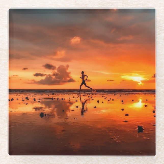Man Running on Beach at Sunset Glass Coaster (Front)