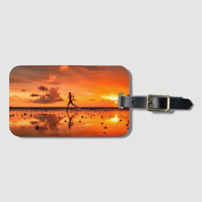 Man Running on Beach at Sunset Luggage Tag (Front Horizontal)