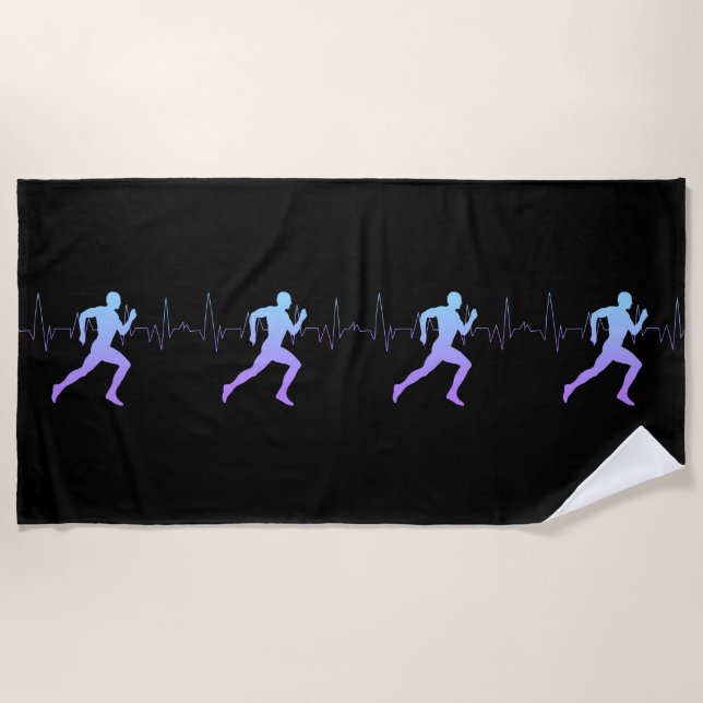 Man Running Runners Silhouette Heartbeat Black Beach Towel (Front)