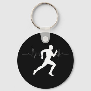 Man Running Runners Silhouette HeartBeat Line  Key Ring