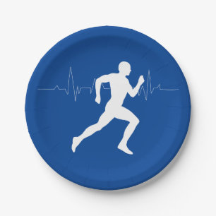 Man Running Runners Silhouette on Blue Background Paper Plate