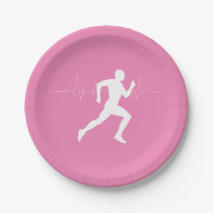 Man Running Runners Silhouette on Pink Background Paper Plate