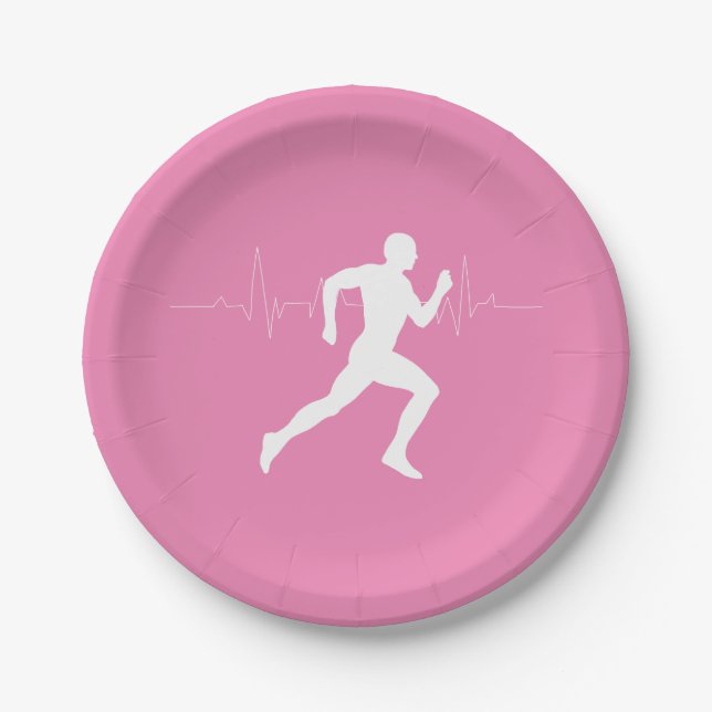 Man Running Runners Silhouette on Pink Background Paper Plate (Front)