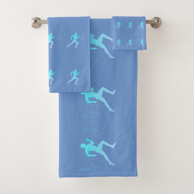 Man Running Silhouette Gradient & Heartbeat Blue Bath Towel Set (Insitu)