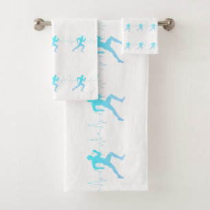 Man Running Silhouette Gradient & Heartbeat Blue Bath Towel Set