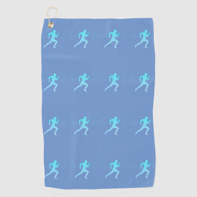 Man Running Silhouette Gradient & Heartbeat Blue Golf Towel (Front)