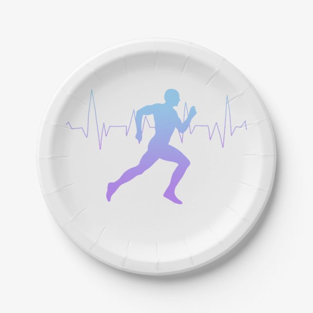 Man Running Silhouette Gradient & Heartbeat Line Paper Plate (Front)