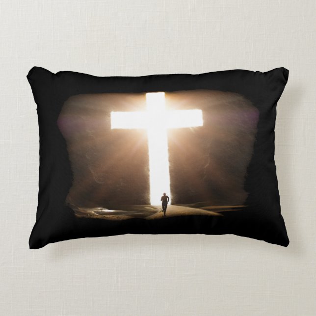 Man Running To Glowing Christian Cross of Jesus Decorative Cushion (Front)
