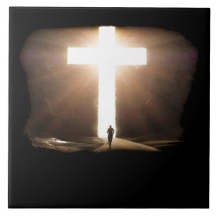Man Running To Glowing Christian Cross of Jesus Tile