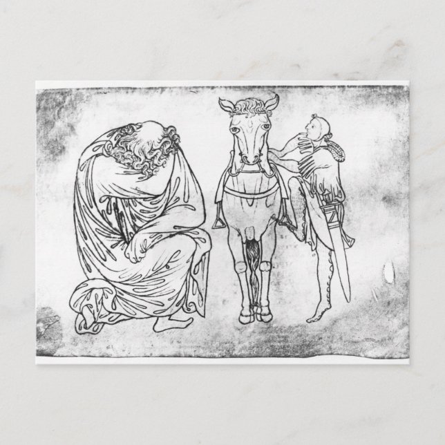Man seated, Knight mounting his horse Postcard (Front)
