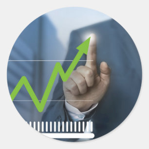 Man showing stock price touchscreen concept classic round sticker