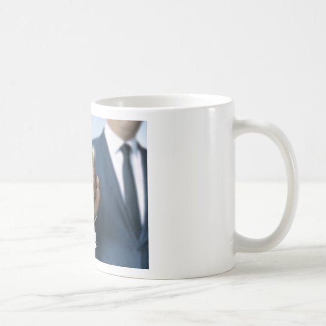 Man showing stock price touchscreen concept coffee mug (Right)