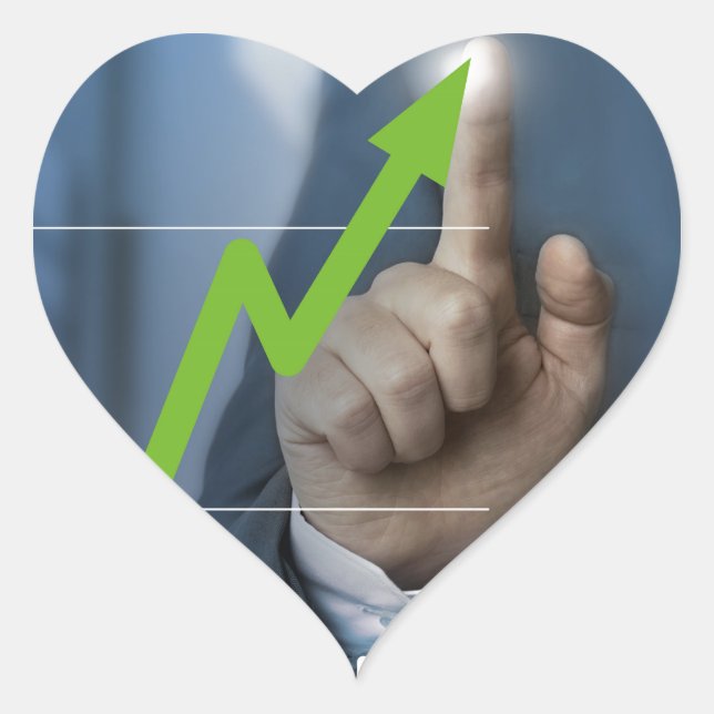 Man showing stock price touchscreen concept heart sticker (Front)
