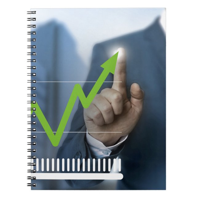 Man showing stock price touchscreen concept spiral notebook (Front)
